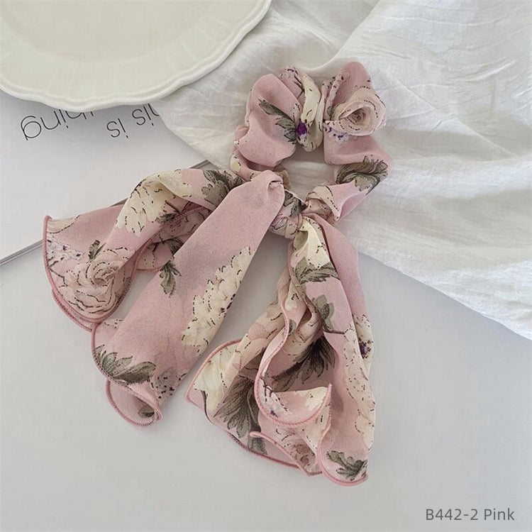 Scrunchie Floral Bow Knot Silkeskjerf Hårbånd
