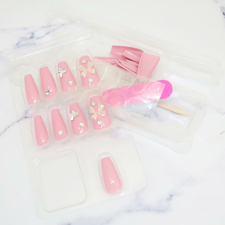 Press-On Nails Pink Ribbon 24pcs (KAMIO)