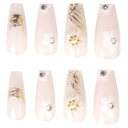 Press-On Nails Whie Flower 24pcs (KAMIO)
