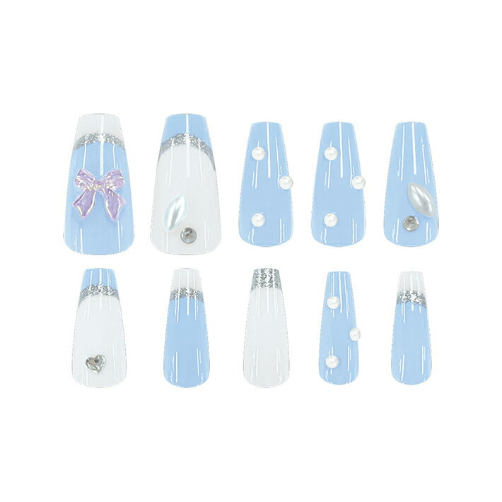 Press-On Nails Blue Ribbon 24pcs (KAMIO)