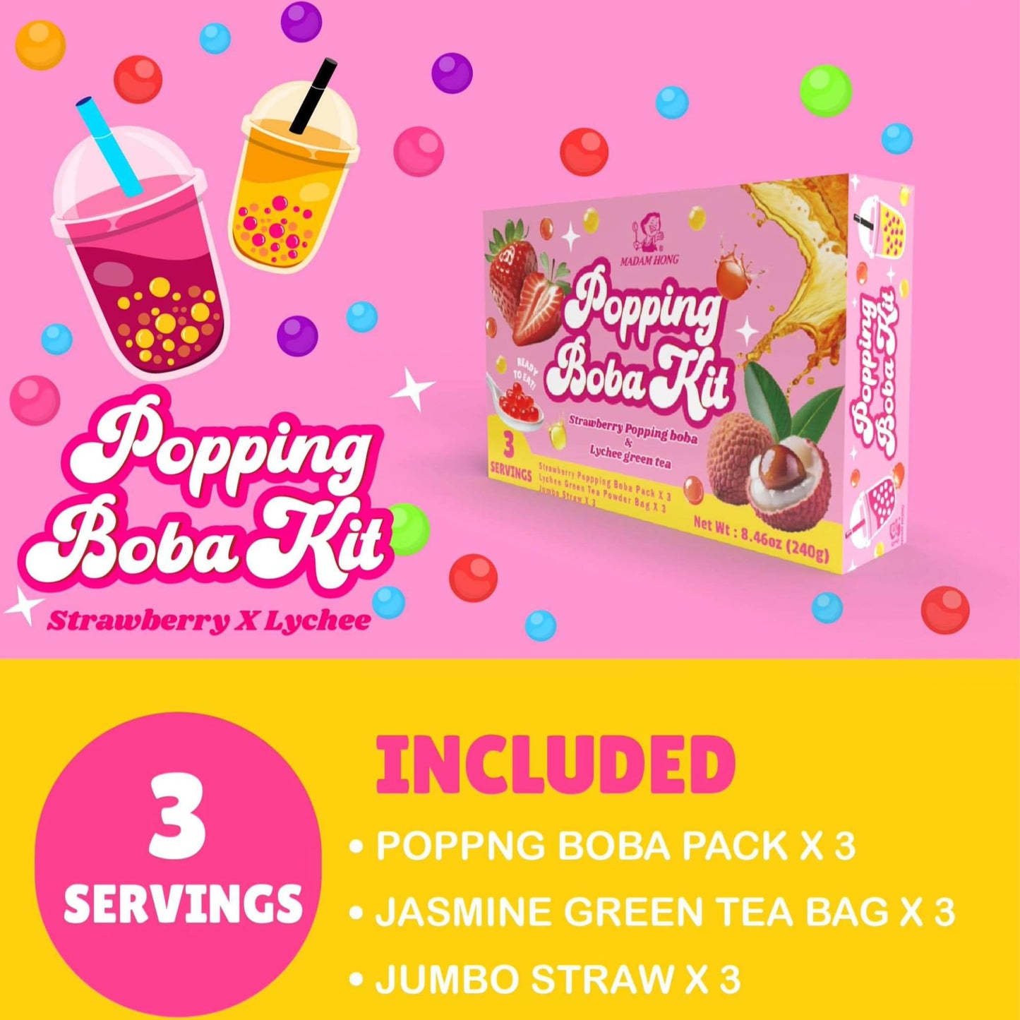 Popping Boba Kit Lychee Green Tea & Strawberry 3set (MADAM HONG)