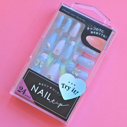 Press-On Nails Blue Ribbon 24pcs (KAMIO)