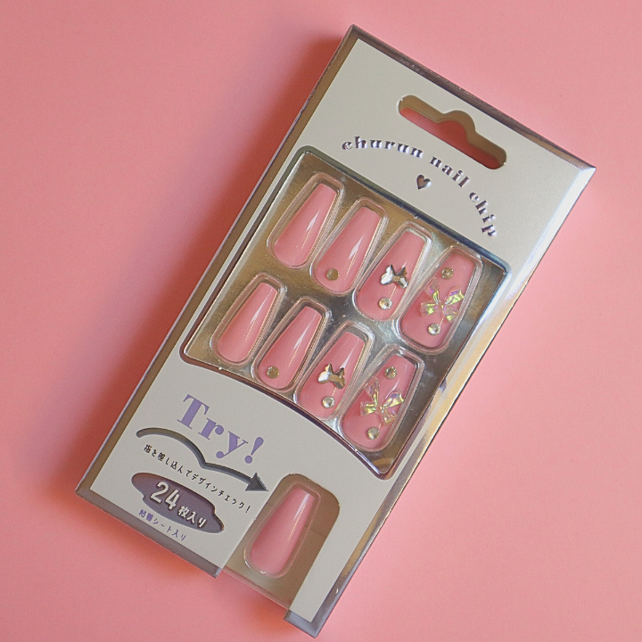 Press-On Nails Pink Ribbon 24pcs (KAMIO)